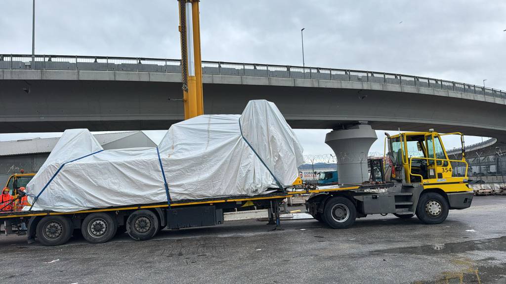 Oversized industrial cargo secured on a lowbed trailer